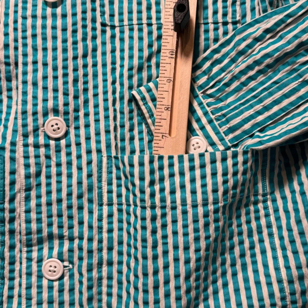 Bonobos Seersucker Chore Jacket Mens Medium Teal White Stripe Puckered Cotton